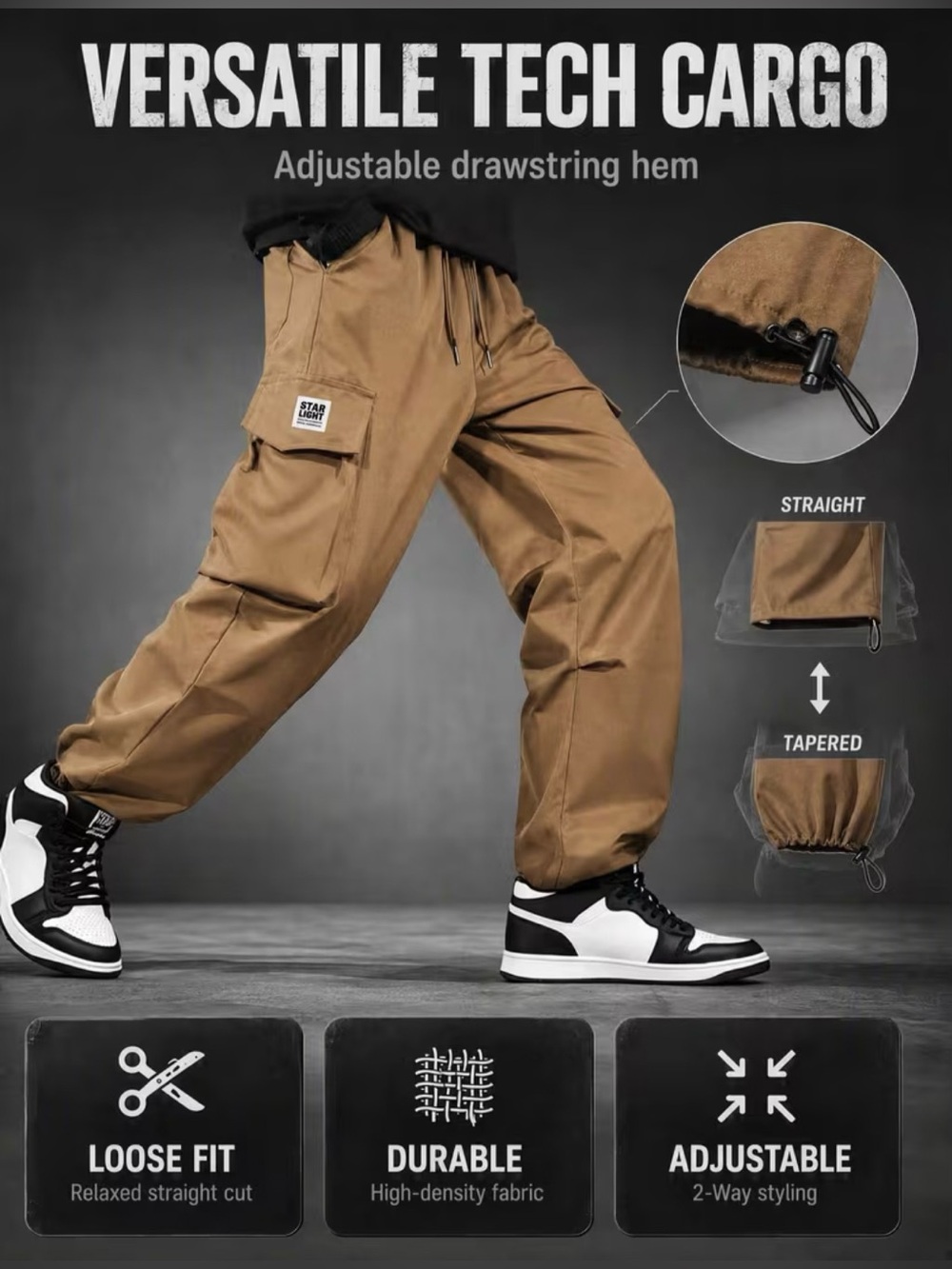 Light brown cargo pants baggy style tactical joggers adjustable ankle toggles